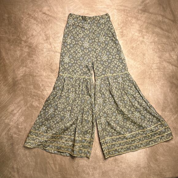 Vintage 70s High Rise Wide Leg Cropped Floral Print Bell Bottom Flare Pants Boho - Picture 2 of 10